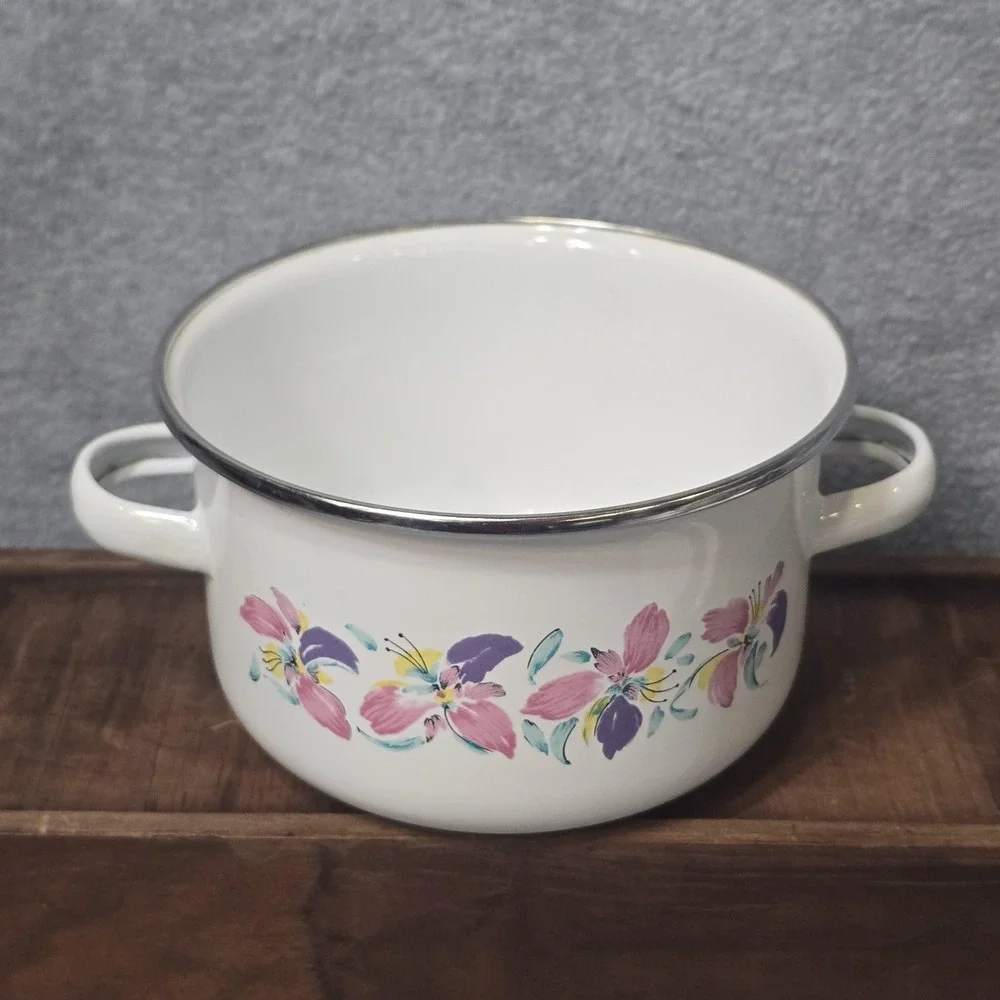 Vintage Enamelware Pots Set of 2 Floral Pink Purple White Lids Indonesia 80s